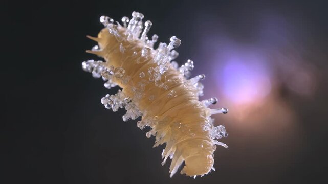 Cinematic microscopic view of a tardigrade in cryptobiosis drifting through deep space vacuum surrounded by nebula glow and ice crystals in ethereal rotation