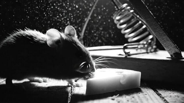Black and white close up of a mouse approaching a baited mousetrap with cheese on a wooden surface