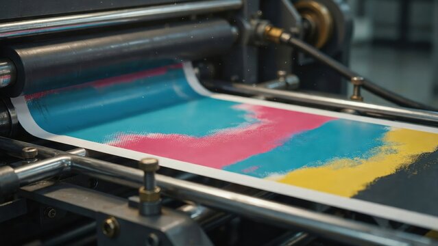 Colorful Poster Emerging from Printing Press Extreme Close Up