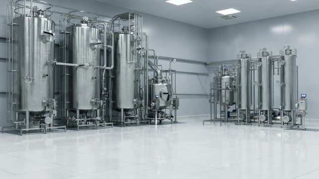 Medium shot of a modern amphoteric surfactant production cell showcasing tiled floors and stainless steel equipment in a clean industrial environment