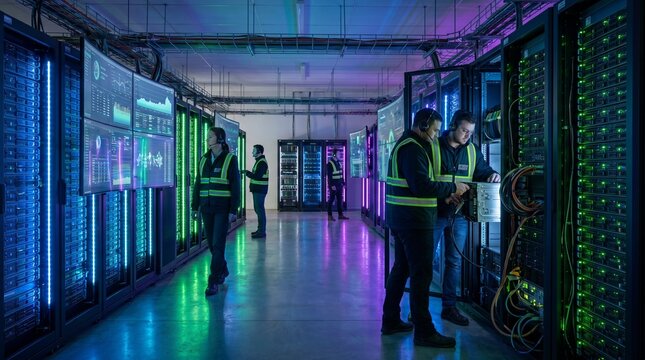 Technicians working in data center with server racks and screens