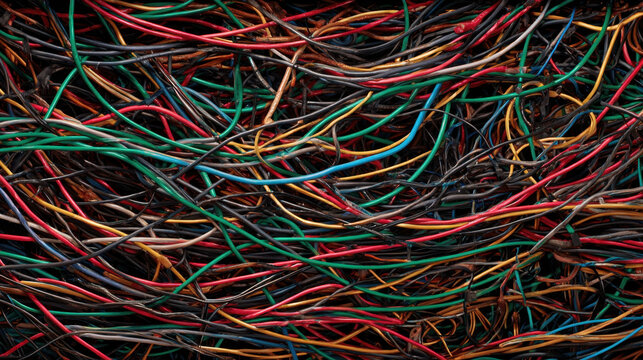 Jumbled wire tangle tangled cable mess multicolored electric wire abstract wire background chaotic line pattern colorful cable bundle cluttered wiring texture close up cable knot