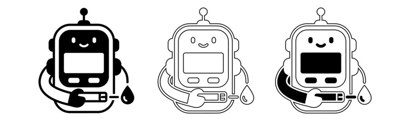 Fototapeta premium Three monochrome line art illustrations of friendly medical robots with digital screens representing healthcare technology and patient care