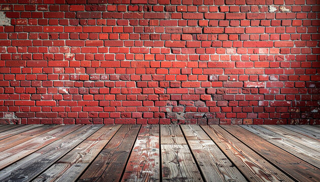 Aged red brick wall with distressed wooden floorboards, vintage warehouse aesthetic, realistic texture background.