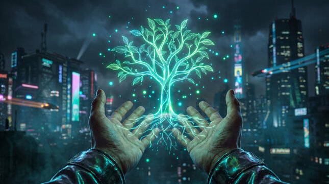 Green technology and sustainability concept with hologram tree