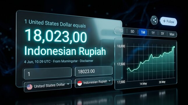 IDR to USD exchange rate with modern glow floating UI screen style with dark background