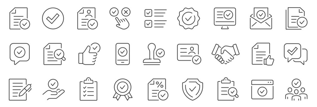 Approval thin line icons set. Approve, validation editable stroke icon. Vector