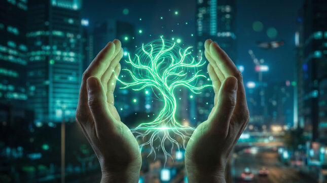 Digital tree growing from human hands in futuristic city