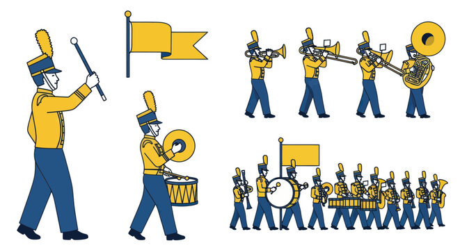 Marching band in yellow uniforms.