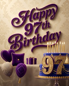 Classic Purple and Gold Happy 97th Birthday Celebration Design with Ornamental Cake Luxury Gift Box Decorative Balloons and Elegant Typography