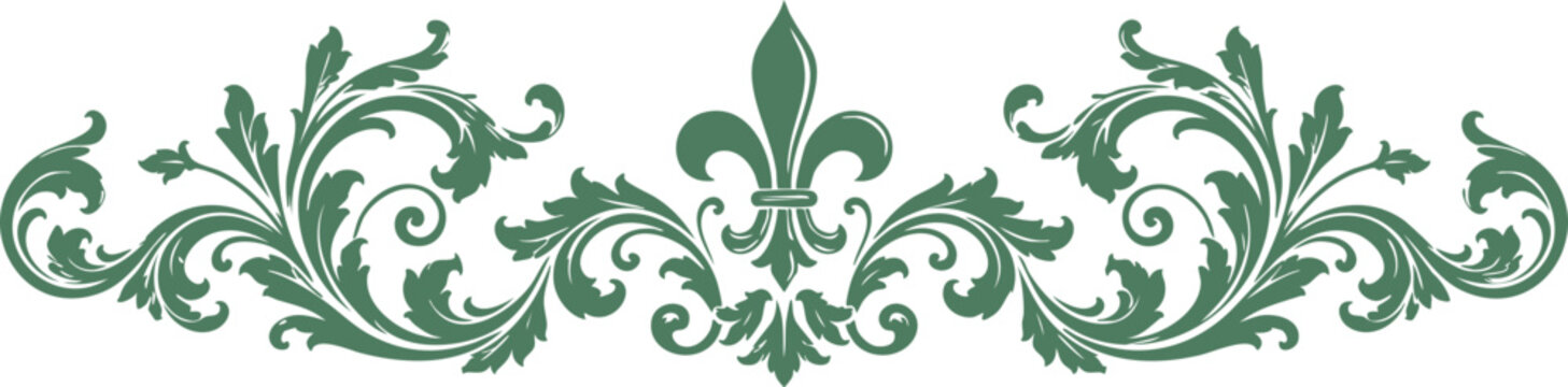 Black Fleur De Lis Floral Ornament with Vintage Scrollwork and Acanthus Leaves