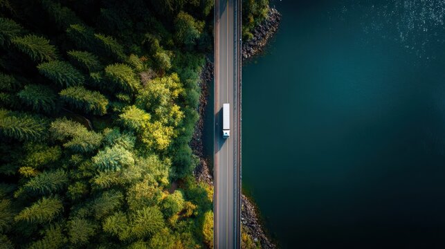 Aerial view of a white semi-truck driving on a bridge between a forest and water