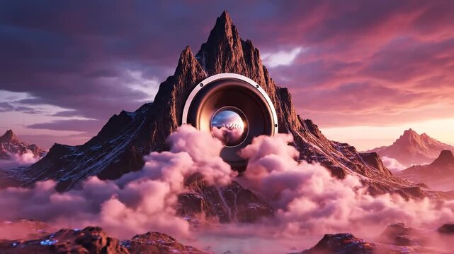 Surreal landscape with floating audio speaker and mountain peaks