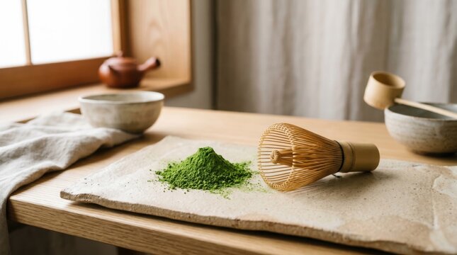 A serene still life of matcha preparation with green tea powder and a bamboo whisk on a rustic wooden table by a window.