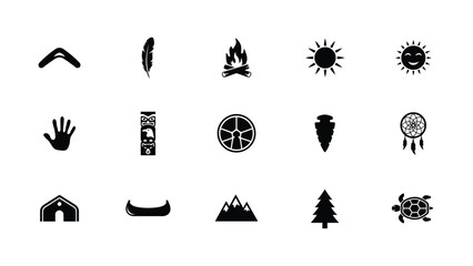 Black icons featuring boomerangs, feathers, campfires, suns, dreamcatchers, and hands. © Sourabh