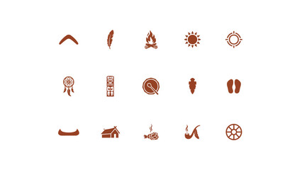Collection of brown icons featuring boomerangs, feathers, campfires, suns, and dreamcatchers. © Sourabh