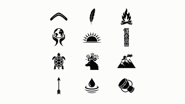 Indigenous culture symbols including boomerang feather fire totem turtle wolf and mountains.