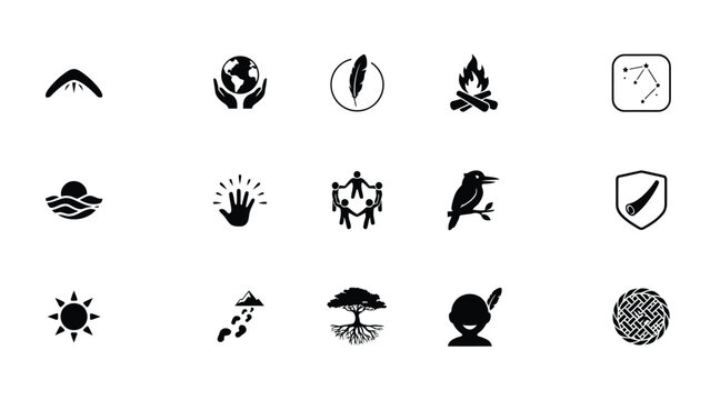 Cultural diversity icons featuring globe unity hands constellation and tree of life motifs.