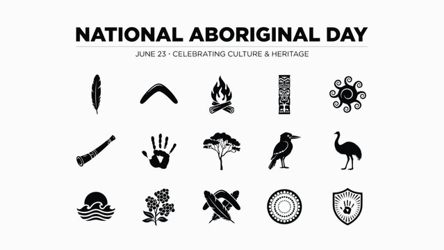 Celebrating culture and heritage icon set with didgeridoo shield sun and botanical elements.