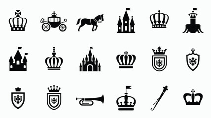 Monarchy lifestyle icons with carriage horse castle crown scepter and heraldic crest sets.