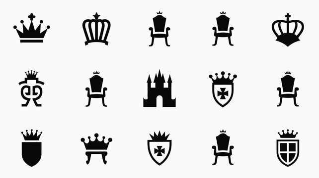 Assorted medieval vector graphics containing crowns thrones and shields on gray background.