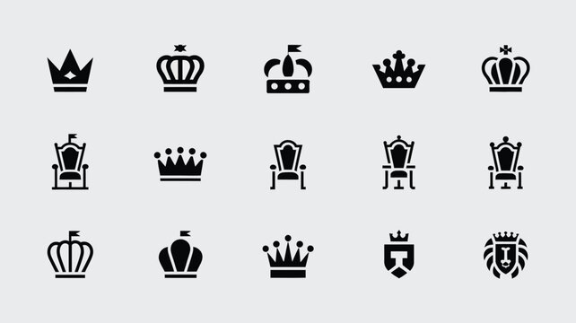 Large set of royal and medieval icons featuring thrones and crown shapes for branding.