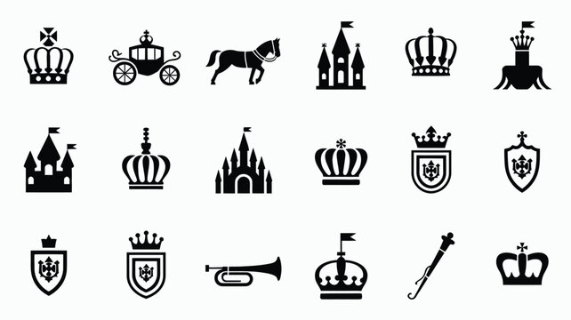 Monarchy lifestyle icons with carriage horse castle crown scepter and heraldic crest sets.