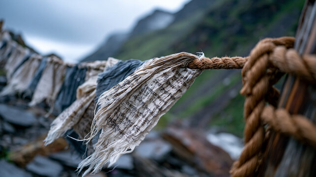 Tibetan prayer flag string blur, wind-tattered cotton khata panels flapping against slate mountain ridge, Sanskrit mantra ink fading, cedar pole rope anchor, monsoon sky depth, Himalayan Buddhist he