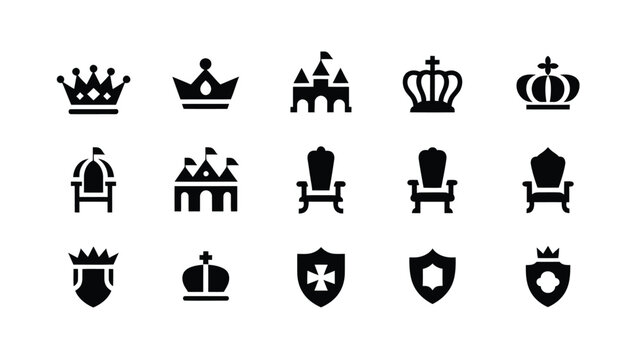 Royal heraldic icons collection featuring medieval crown throne castle shield and emblems.