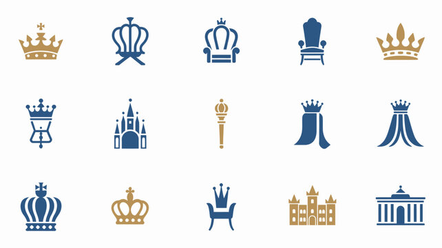 Elegant royal icons in blue and gold showing crowns thrones scepters and palace buildings.