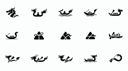 Fototapeta premium Set of dragon head and dragon boat icons celebrating traditional chinese dragon festival.