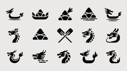 Collection of dragon boat festival icons featuring dragon heads boats and zongzi dumplings.