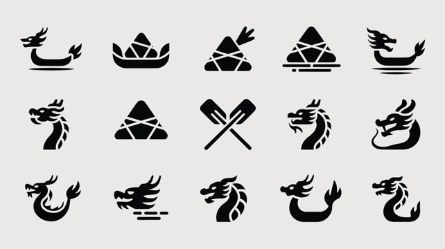 Collection of dragon boat festival icons featuring dragon heads boats and zongzi dumplings.