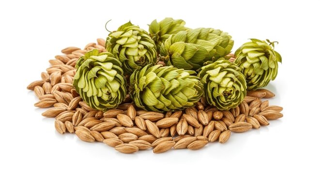 Hops, beer ingredients, hops cones, wheat grains, brewery materials