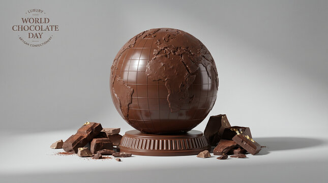 Luxury World Chocolate Day Concept with Chocolate Globe and Premium Dark Chocolate Pieces