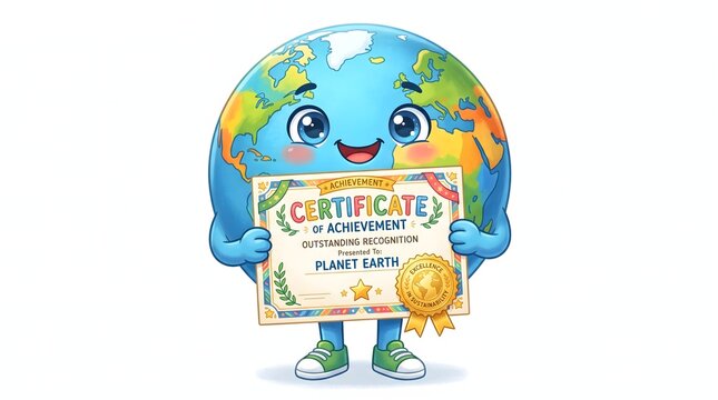 Cute planet Earth character holding a certificate and celebrating achievement in a school illustration.