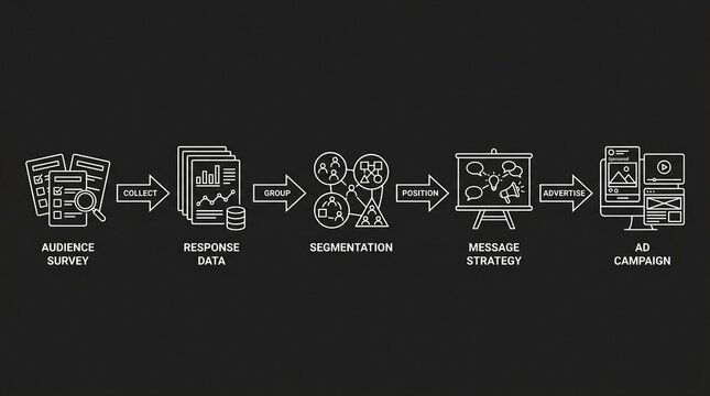 Marketing strategy flowchart illustrating the process from audience survey and response data collection to segmentation message strategy development and final ad campaign