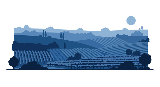 Vineyard rows at nighttime with moon.