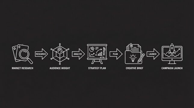 Strategic business process flowchart illustrating market research audience insight strategy planning creative brief development and successful campaign launch with clean white