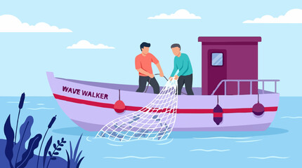 Two fishermen on a boat pulling in a fishing net, marine illustration © Pixelply