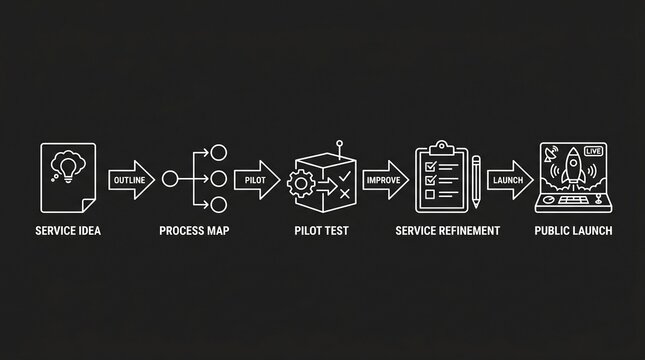 Linear infographic illustrates a step by step service development process from initial idea and outline to process mapping pilot testing refinement and final public launch