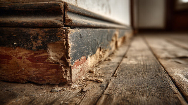severe termite damage and wood rot on vintage baseboard highlighting structural deterioration in residential building