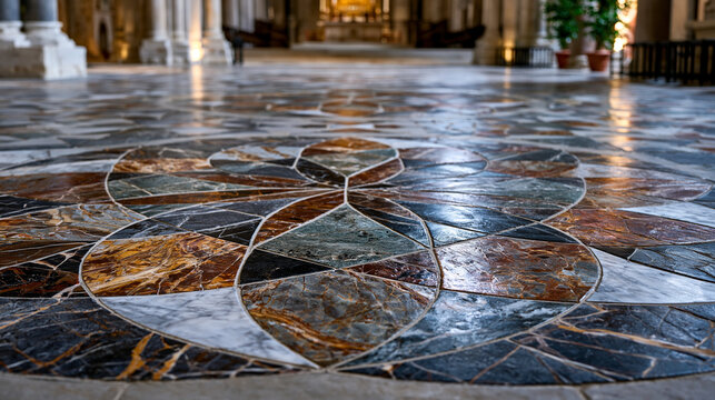 Sacred geometry marble floor mosaic cathedral nave, interlocking vesica piscis and octagram tesserae pattern, Cosmatesque opus sectile inlay, verde antico and porphyry geometric tiling, Romanesque p