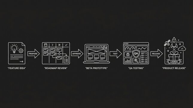 Product development process flowchart with five stages from idea to launch
