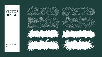 Assorted green plant borders and frames in white outline and silhouette. © Sara Studio