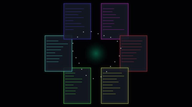Six steps circular process diagram template with glowing elements on dark background.