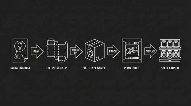 Packaging design process steps from idea to shelf launch with vector icons