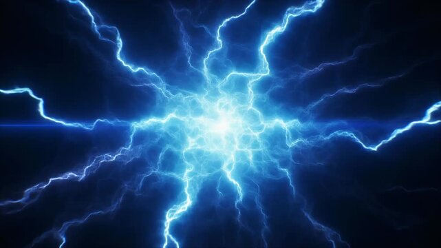 A vivid abstract explosion of electric blue plasma energy radiating symmetrically across a dark background, symbolizing cosmic power, motion, and dynamic intensity in a futuristic style.