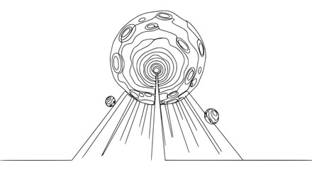 Abstract Cosmic Orb with Satellite Planets, Minimalist Line Art, Sci-Fi Concept © Wachidatun