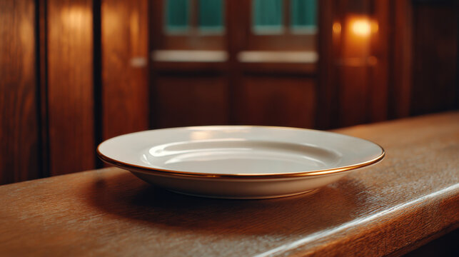 Empty plate on wooden table in warm restaurant interior, empty dish with golden rim, soft light and shallow focus
